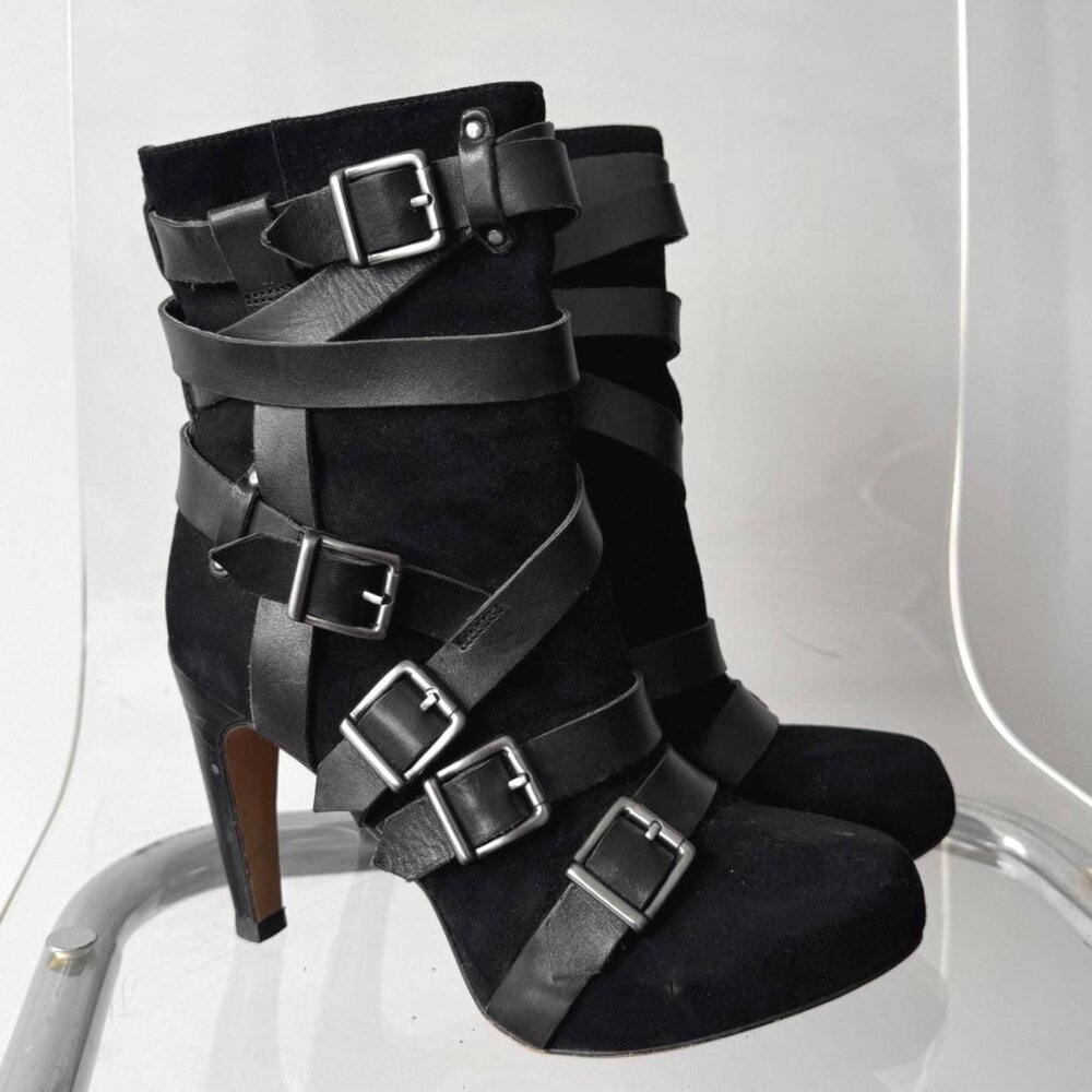 Sam Edelman Kenny black leather suede buckle ankle boots high heel platforms
